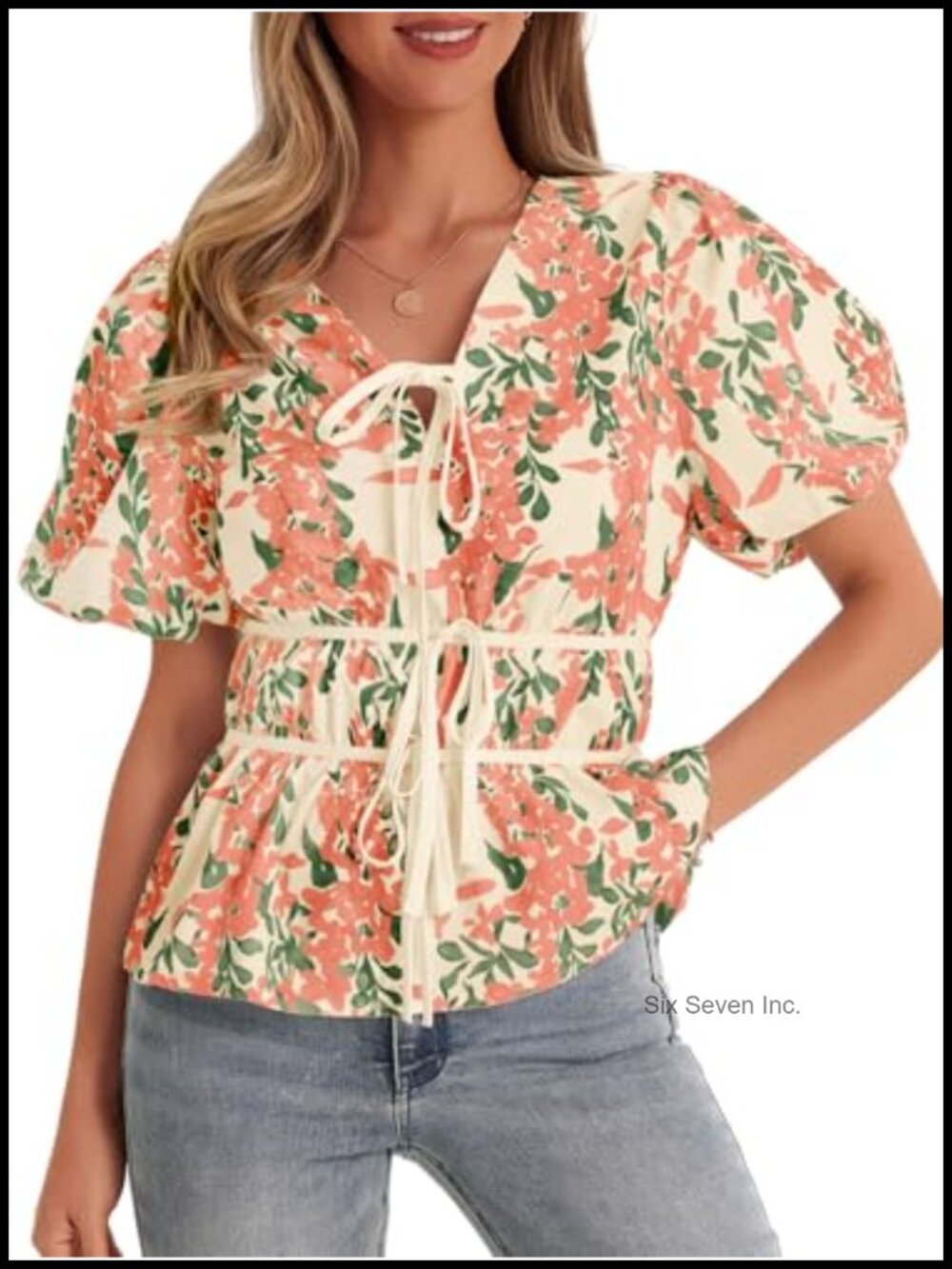 Women's V Neck Puff Sleeve Babydoll Peplum Blouse with Bow Tie Front